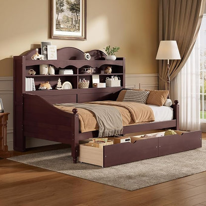 Merax Twin Daybed with Storage Drawers, Wood Twin Day Bed with 3-Tier Storage Headboard Shelves, Retro Style Twin-Size Daybed for Bedroom Guest Room, No Box Spring Needed, Easy Assembly, Espresso