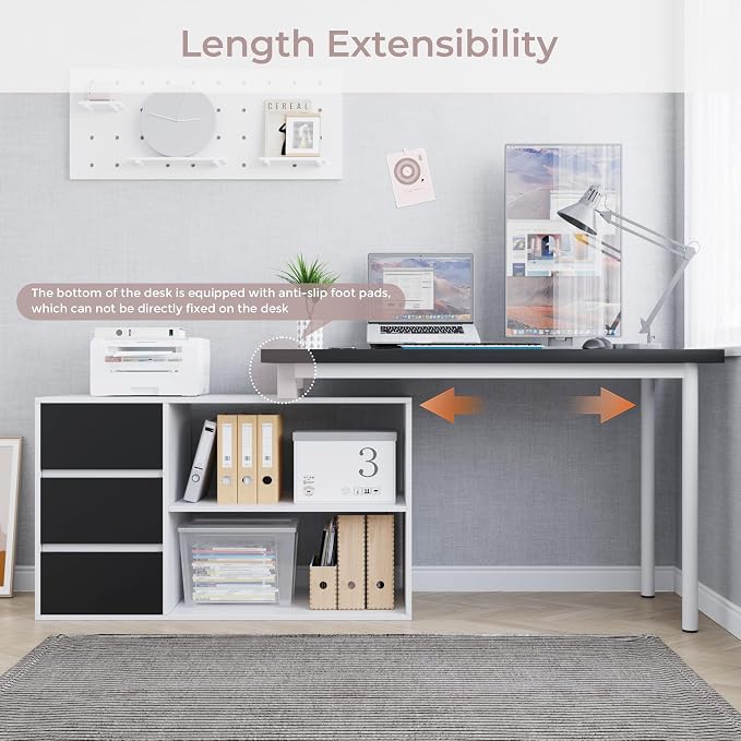 Home Office Computer Desk Corner Desk with 3 Black Drawers and 2 Shelves, 53-inch L-Shaped Study Desk with Storage, White + Black