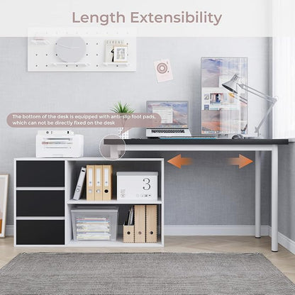 Home Office Computer Desk Corner Desk with 3 Black Drawers and 2 Shelves, 53-inch L-Shaped Study Desk with Storage, White + Black
