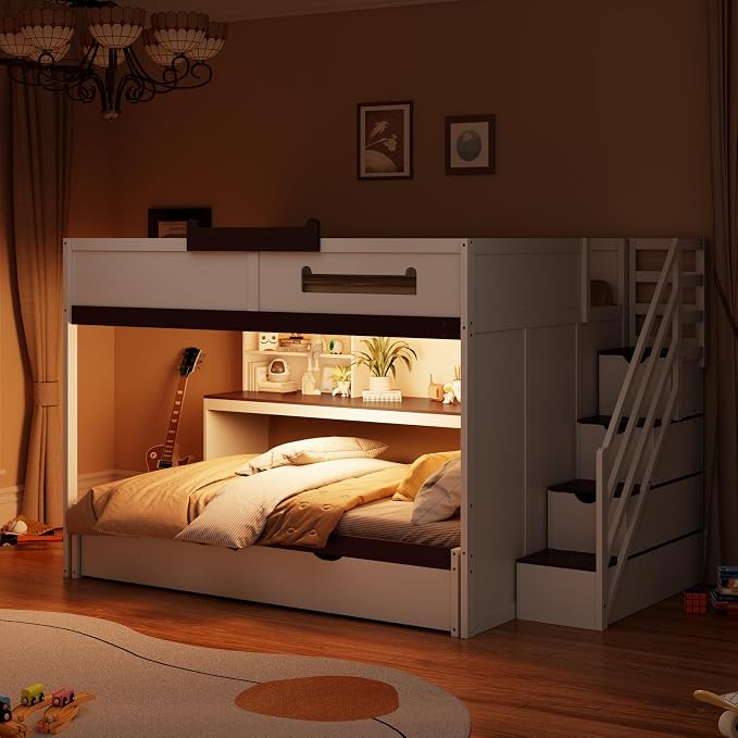 Wood Bunk Bed Full Over Full Size with Storage Staircase and Shelves, Bunk Beds Frame with Trundle and LED for Kids Teens, Space-Saving (White-12.15)
