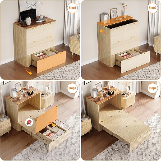 VINGLI Twin Murphy Bed with Storage Drawer,Fluted Wooden Foldable Bed Cabinet with Charging Station,Boho,Hideaway Paltform Panel Bed for Small Spaces,Guest Room,Office,Apartment,Beige