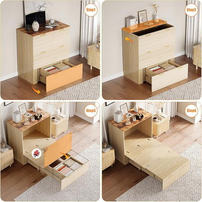 VINGLI Twin Murphy Bed with Storage Drawer,Fluted Wooden Foldable Bed Cabinet with Charging Station,Boho,Hideaway Paltform Panel Bed for Small Spaces,Guest Room,Office,Apartment,Beige