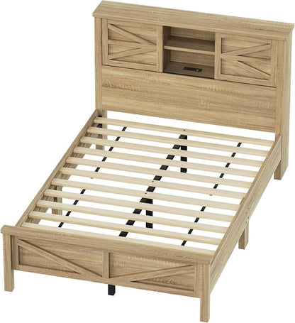Farmhouse 3-Pieces Bedroom Sets, Queen Size Platform Bed with a Nightstand and 6-Drawer Storage, Wood Platform Bed with Double Sliding Door Storage Headboard and Charging Station (Queen)