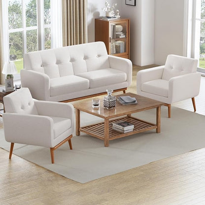 HUIMO Sofa Couch, Mid Century Modern Sofa with Solid Wood Frame, Button Tufted Couch for Bedroom, Living Room, Office, Apartment (White, 60 inch)