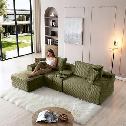 ivoros 111 Inch Modular Sectional Sofa Couch, Oversized Modern Cloud Couch for Living Room, L Shape Couches with Ottomans, USB Ports and Cup Holders, Green Corduroy Boneless Sofas, Sofa in a Box