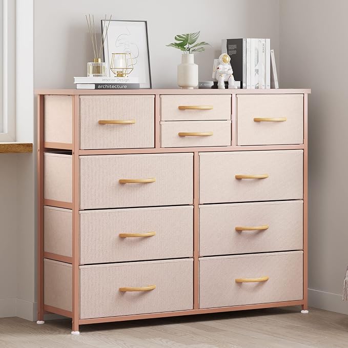 LUMTOK 10-Drawer Dresser, Fabric Storage Tower with Drawers for Bedroom, Dresser Drawer with Handle for Bedroom, Living Room, Hallway, Closets & Nurseryteel Frame, Wood Top (10 Drawer/Rose Gold)