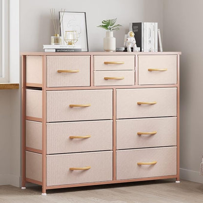 LUMTOK 10-Drawer Dresser, Fabric Storage Tower with Drawers for Bedroom, Dresser Drawer with Handle for Bedroom, Living Room, Hallway, Closets & Nurseryteel Frame, Wood Top (10 Drawer/Rose Gold)