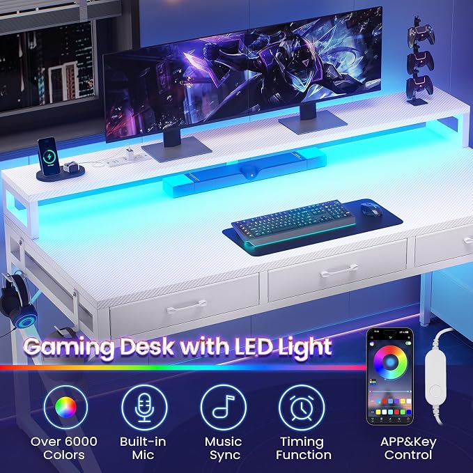 SEDETA 55" Gaming Desk with 6 Drawers, Corner Gaming Desk with Storage & LED Lights, Reversible PC Desk with Power Outlet, Corner Computer Desk with Hutch, Monitor Stand, Side Hook, Carbon Fiber White