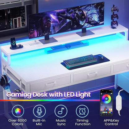 SEDETA 55" Gaming Desk with 6 Drawers, Corner Gaming Desk with Storage & LED Lights, Reversible PC Desk with Power Outlet, Corner Computer Desk with Hutch, Monitor Stand, Side Hook, Carbon Fiber White