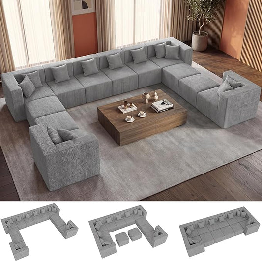 MONVANE Modular Sectional Sofa, Oversized 12 Seat Convertible U Shaped Couch with Ottoman, Comfy Chenille Cloud Couch with Pillow, Sectional Couches for Living Room, No Assembly Required, Light Grey