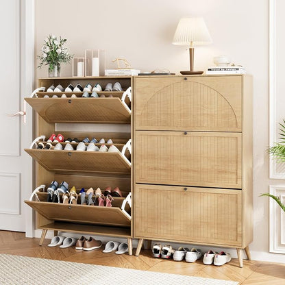 Fsbecl Shoe Storage Cabinet for Entryway with 3 Flip Drawers, Narrow Shoe Organizer with Fluted Panel, Freestanding Wood Hidden Shoe Cabinet for Hallway(Wood Color, 31.4''W, Double Layer)