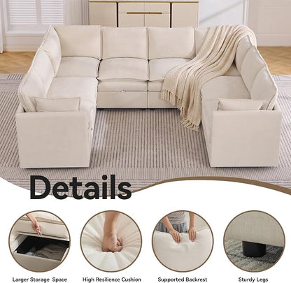 105" Beige Oversized Modular Storage Sofa, U Shaped Chenille Cloud Couch | Oversized Convertible Sectional Sofa, 8-Seat Sectional Couch With Armrests, Large Cloud Couch For Living Room, Apartment.