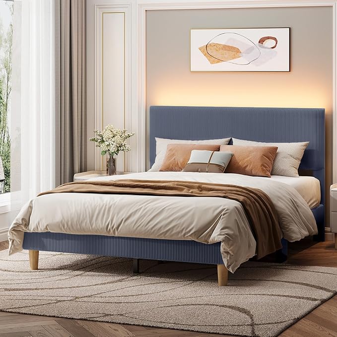 Bestier Bed Frame Queen Size with Headboard LED Lighting,Upholstered,Blue | No Box Spring Needed,Easy Assembly,LED Lighting Headboard,No Squeaks,Vertical Channel Corduroy Upholstered,Wood Slats Support