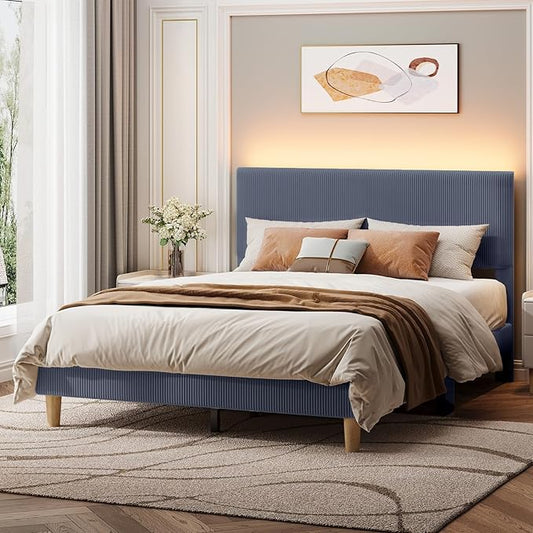 Bestier Bed Frame Queen Size with Headboard LED Lighting,Upholstered,Blue | No Box Spring Needed,Easy Assembly,LED Lighting Headboard,No Squeaks,Vertical Channel Corduroy Upholstered,Wood Slats Support
