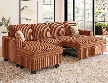 Belffin Modular Sectional Sofa with Storage Chaise Corduroy Sleeper Sofa with Pull Out Bed L Shaped Couch for Living Room. Apartment Couch. Brick-red