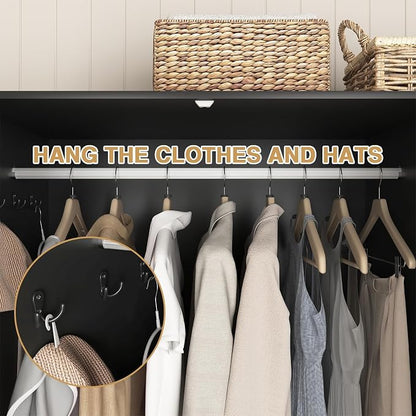 Black Fluted Wardrobe Closet with Mirror and Light, 3-Door Armoire Wardrobe with 2 Drawers, Hanging Rod, Shelves, Freestanding Bedroom Storage Cabinet