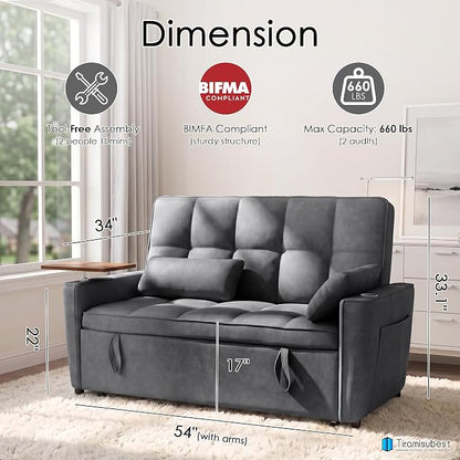 54'' Sleeper Sofa Bed, Convertible Pull Out Couch Futon for for Living Room,Apartment (Darkgrey) Side Desk, USB Ports, Cup Hold, Velvet Fabric, Adjustable Backrest, Easy Assembly