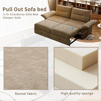 85" Pull Out Sofa Bed Full Size, Pre-Assembled Flannel Sleeper Sofa, Convertible Loveseat Futon Couch, Adjustable Armrest with USB, Pillows, for Apartment, Living Room, Small Spaces, Brown