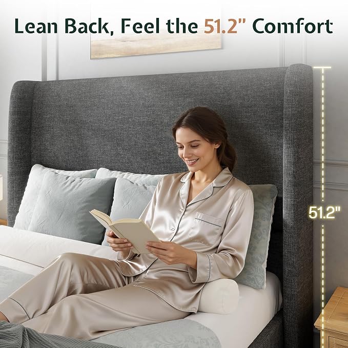 Jocisland King Size Bed Frame 51.2" Wingback Headboard Linen Upholstered Platform Bed,Solid Wood Legs & Wooden Slats,No Box Spring Needed,Noise-Free,for Family Master Suite Cozy Home,Dark Grey