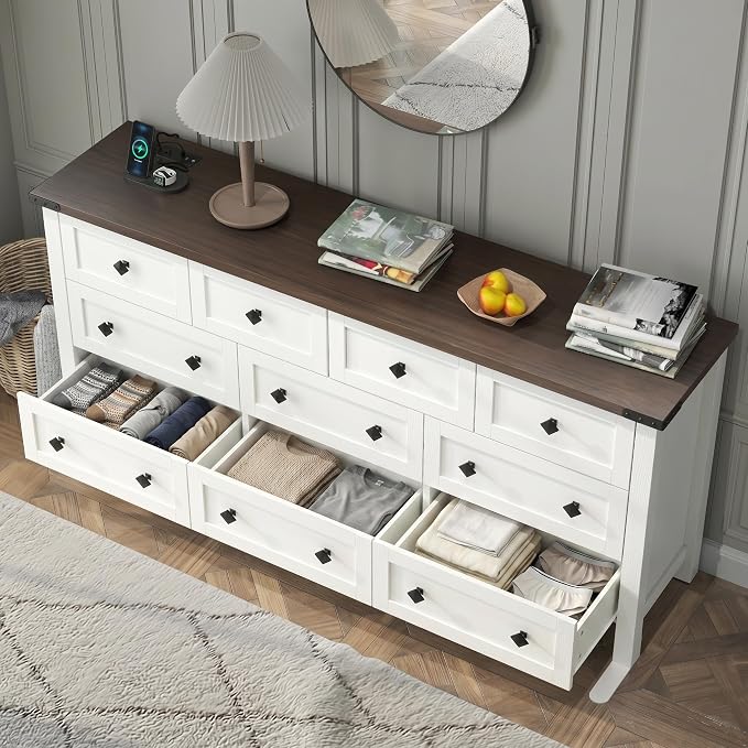 Gyfimoie 10-Drawer Dresser, 63" Farmhouse Wood Storage Chest of Drawers, Long Dresser TV Stand for TVs up to 75", Vintage Wide Dressers Organizer with Metal Handles for Bedroom, White
