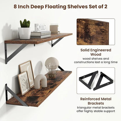 Axeman 36 Inch Floating Shelves | 8 Inch Deep Brown Wall Shelves Set of 2 | 36''W x 8''D Rustic Brown Wood Shelves for Bathroom Living Room Bedroom Kitchen
