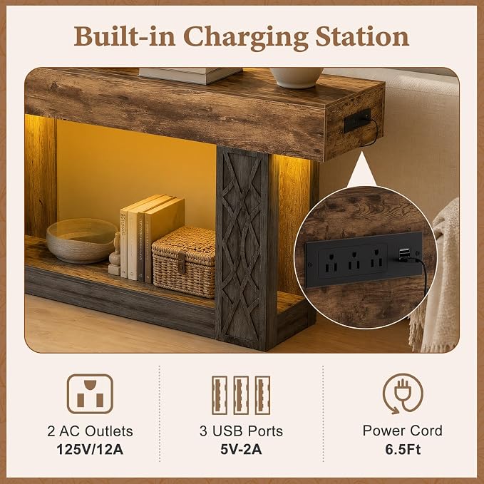 Unikito 63" Console Table with Outlets & LED Lights, Farmhouse Entryway Table with Unique Geometric Pattern, Sofa Table Behind Couch with 2-Tier Storage for Living Room, Hallway, Foyer, Grey & Brown