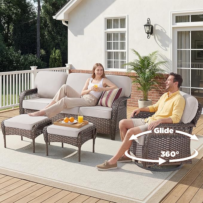 Belord Patio Chairs Set and 3-seat Sofa, Wicker Swivel Rocker Outdoor Chairs for Deck Yard and Poolside, 8 Piece Luxury Patio Furniture Set,Beige