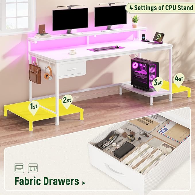 DurayLoly Computer Desk with Ergonomic Monitor Stand & CPU Stand,47.2" Gaming Desk with 1 Drawer & Power Outlet & LED Lights for Home Work, Bedroom Study and Gaming, Small Spaces,White
