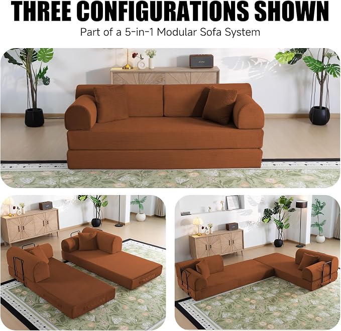 78.8" Memory Foam Boneless Couch, Corduroy Floor Sofa Bed, Convertible Sleeper Futon Loveseat, Wide Armrests & Back Support, Supports Up to 1200 lbs, Couch in a Box with 2 Pillows, Orange