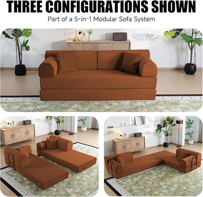 78.8" Memory Foam Boneless Couch, Corduroy Floor Sofa Bed, Convertible Sleeper Futon Loveseat, Wide Armrests & Back Support, Supports Up to 1200 lbs, Couch in a Box with 2 Pillows, Orange