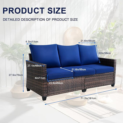 3-Seat Outdoor Sofa, PE Rattan, Blue | High Back Support,Deep Seat Comfort,All-Weather Cushions,For Patio/Garden/Deck,Modern Style