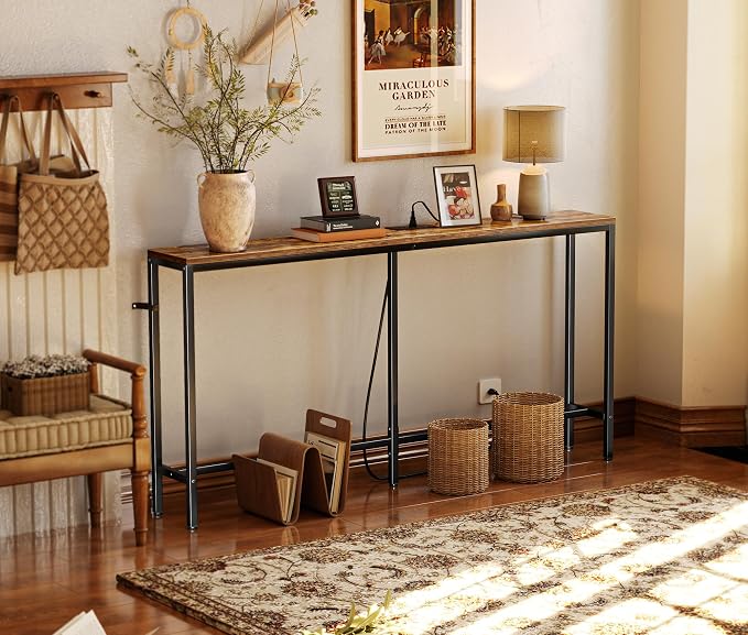 SUPERJARE Console Table with Outlet, 63 Inch Sofa Table with Charging Station, Narrow Entryway Table, Behind Couch Table, for Living Room, Plants - Rustic Brown