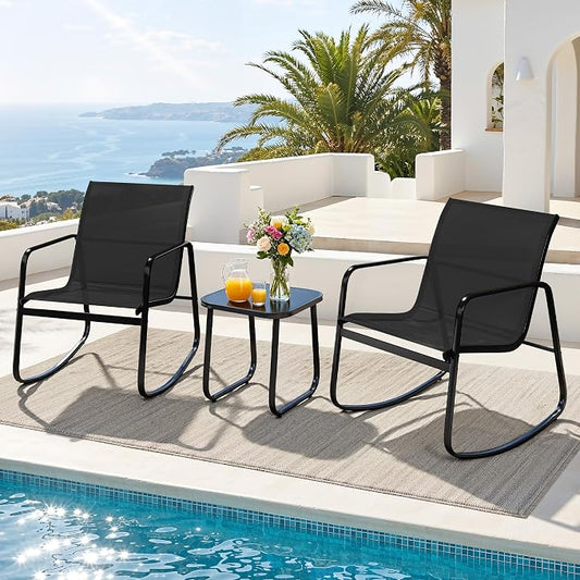 DWVO 3 Piece Patio Furniture Set, Durable Textilene Patio Set with Rocking Chairs Set of 2 & Tempered Glass Table for Garden, Balcony & Poolside, Black