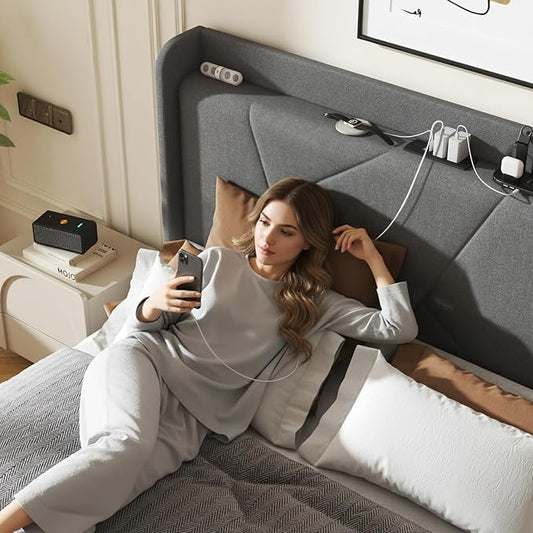 Full Size Linen Bed Frame, Storage Headboard with Charging Station, Upholstered Platform Bed with Wooden Slats Support, Solid and Stable, Noise Free, No Box Spring Needed, Easy Assembly, Gray