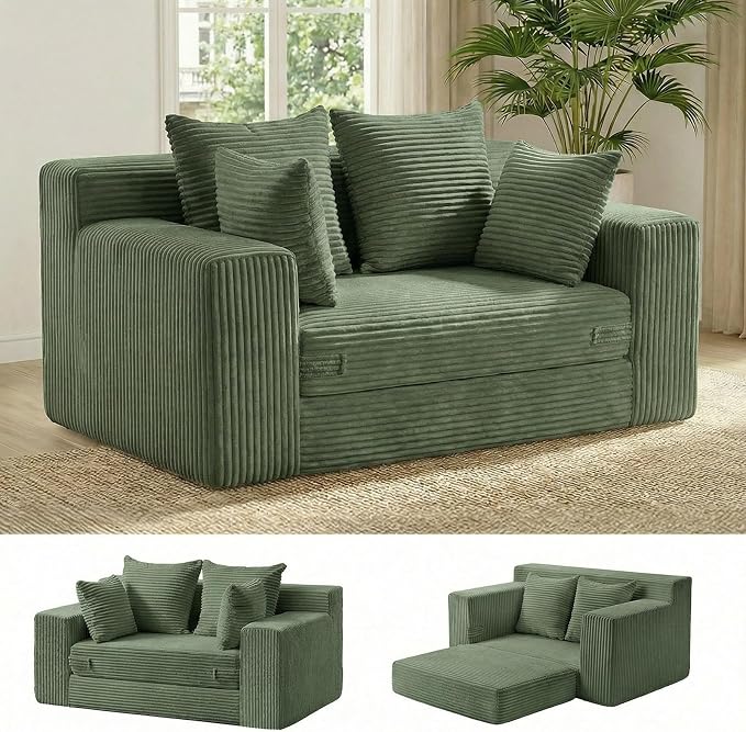 cidludto Convertible Sofa Bed, Boneless Couch 2 in 1 Loveseat Folding Couch Bed Foldable, Chair Bed & Futon Sofa Bed, Small Corduroy Pull Out Sofa with 4 Pillows for Living Room, Green