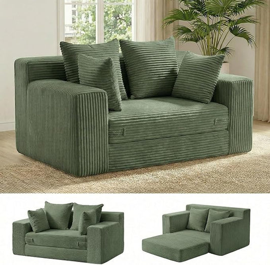 cidludto Convertible Sofa Bed, Boneless Couch 2 in 1 Loveseat Folding Couch Bed Foldable, Chair Bed & Futon Sofa Bed, Small Corduroy Pull Out Sofa with 4 Pillows for Living Room, Green