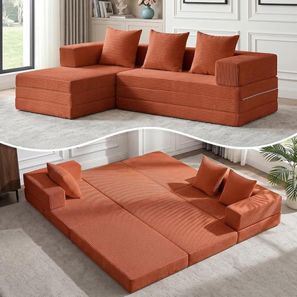 79" Modular Sectional Sofa, Boneless Convertible Sleeper Sofa Bed, Modern Tri-Folding Cloud Couch with L-Shape Chaise, Corduroy Futon for Living Room Small Spaces Apartment, No Assembly,Orange