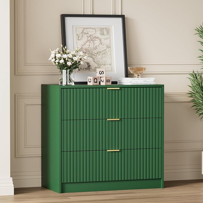 Furniway Green Dresser Bedroom Set 3 Pieces, Nightstands Sets of 2, 6 Drawer Dresser with Gold Handles for Bedroom