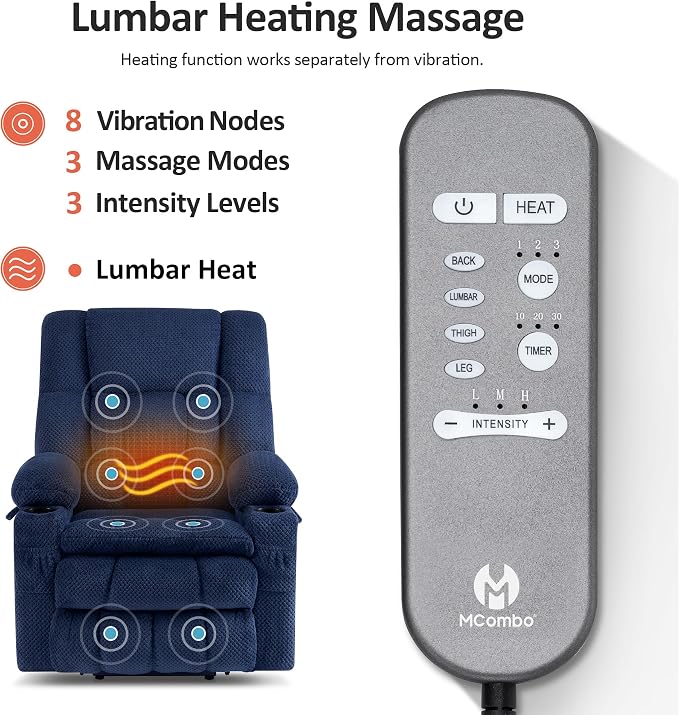 MCombo Dual Motor Power Lift Recliner Chair with Massage and Heat for Elderly People, Infinite Position, USB Ports, Cup Holders, Fabric 7890 (Medium, Yale Blue)