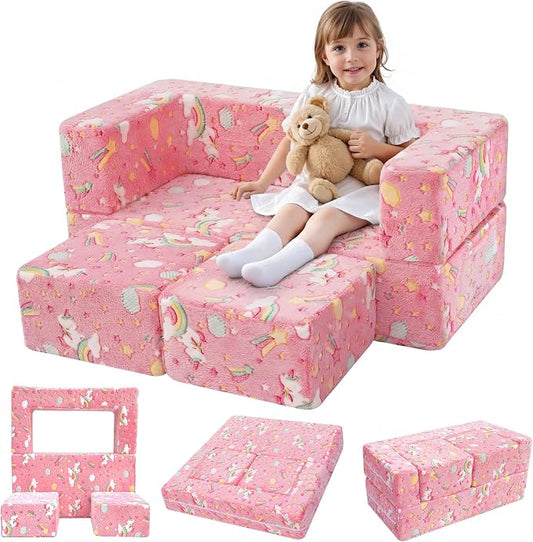 MeMoreCool Colorful Unicorn Glow-in-the-Dark Kids Play Couch, Modular Toddler Couch that Folds Out to Bed, Convertible Foam Loveseat for Girls Bedroom and Playroom