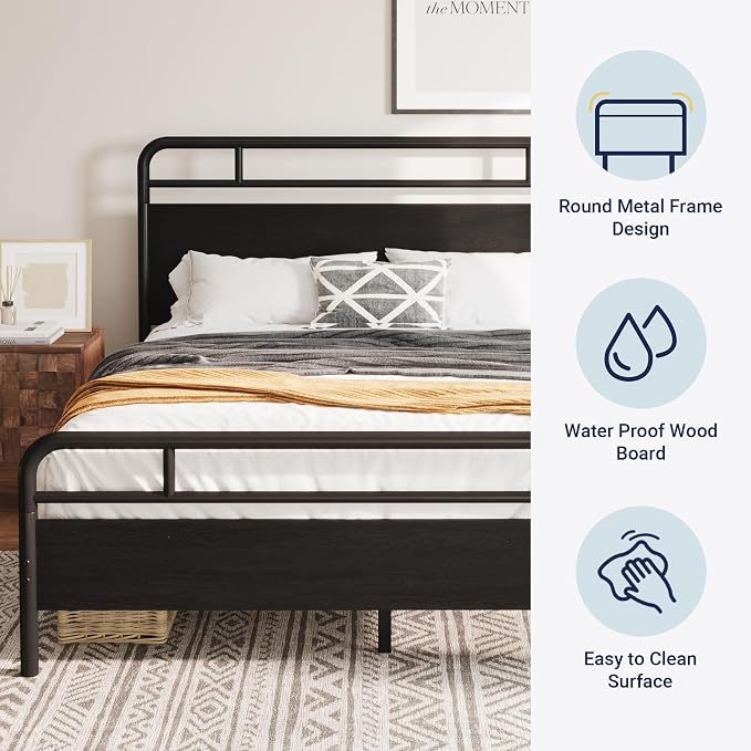 Allewie Full Size Platform Bed Frame with Wooden Headboard and Footboard, Heavy Duty 13 Metal Slats Support, Under-Bed Storage, No Box Spring Needed, Noise Free, Easy Assembly, Black Oak