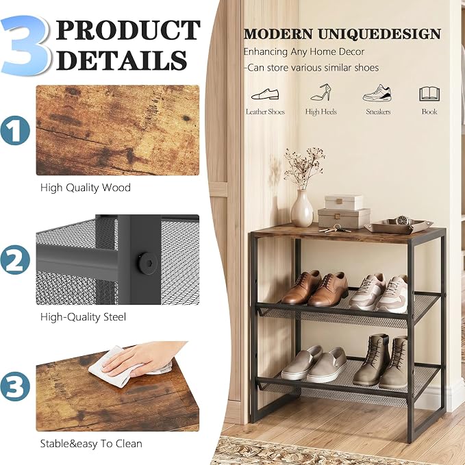 Shoe Rack for Entryway，3 Tier Shoe Storage Organizer，Sturdy Shoe Shelf,Boot Rack with a Fine Mesh Shelves，for Living Room, Hallway，Small Space,11.8 x 16.5 x 19.7 Inches,Brown