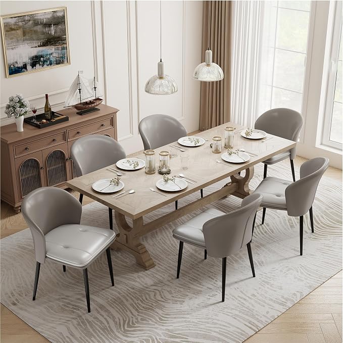 Modern Dining Chairs Set of 6, Faux Leather Upholstered Accent Chair with Metal Legs, Kitchen Side Chair with Comfortable Seat for Dining Room, Living Room, Bedroom, Light Grey