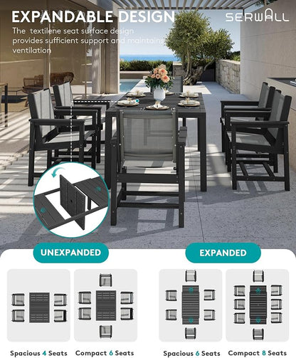 SERWALL HDPE Outdoor Dining Set for 8 with Textilene Chairs, Black | 60" - 83" Aluminum Expandable Patio Dining Table and Breathable Textilene Chairs, All Weather HDPE Patio Furniture Set