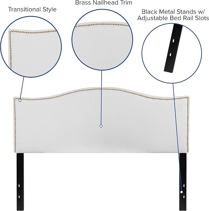 EMMA + OLIVER Upholstered Queen Size Headboard with Nailtrim in White Fabric
