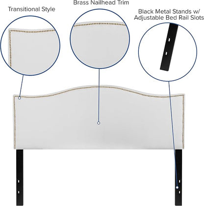 EMMA + OLIVER Upholstered Queen Size Headboard with Nailtrim in White Fabric