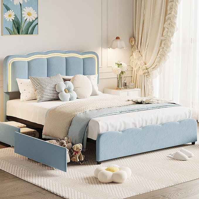 Garvee Queen Size Bed Frame with 2 Storage Drawers and LED Lights, Upholstered Platform Queen Bed with Adjustable Headboard, Wooden Slats Support, No Box Spring Needed, Easy Assembly, Blue