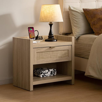 SICOTAS Rattan Nightstands Set of 2 Bedside Table - Boho Night Stand with Type-C Charging Station, Wicker Decor Drawer Storage End Table Night Stands for Bedroom - Light Oak