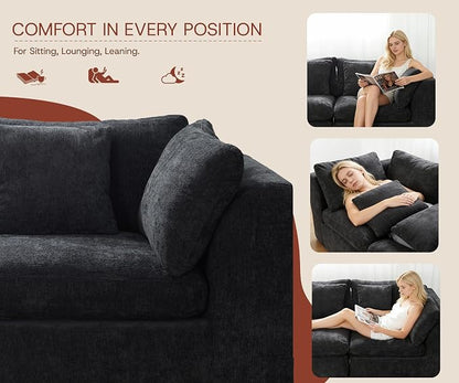 GRUSIGN 141'' Oversized Boneless Cloud Couch for Living Room, Modern Big Sectional Compressed U Shape Couch with 2 Ottoman, Comfy Chenille Deep Seat Memory Foam Spineless 6 Seater Sofa,Black