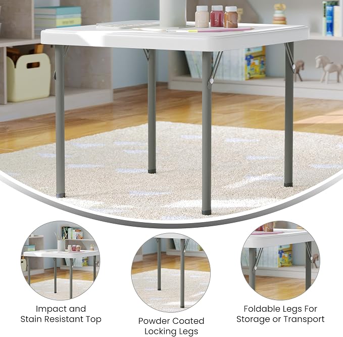 Flash Furniture Paige 24x24 Kids Folding Table with Locking Legs, Commercial Grade Table Recommended for Ages 2-4 in Granite White